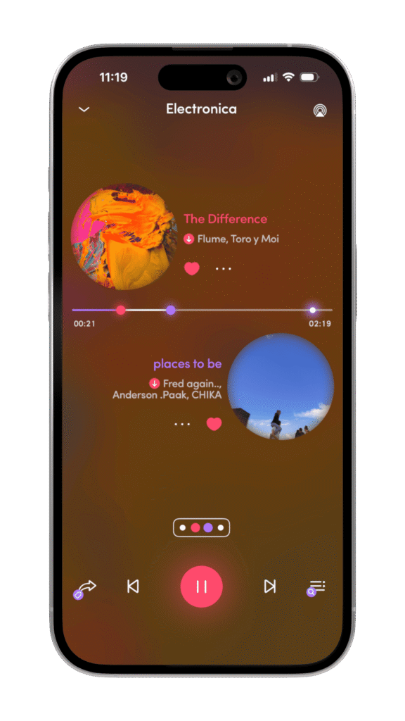 Mobile screen displaying Offtrack music app interface featuring "Electronica" playlist with tracks "The Difference" by Flume and Toro y Moi, and "places to be" by Anderson .Paak and CHIKA, highlighting seamless song transitions.